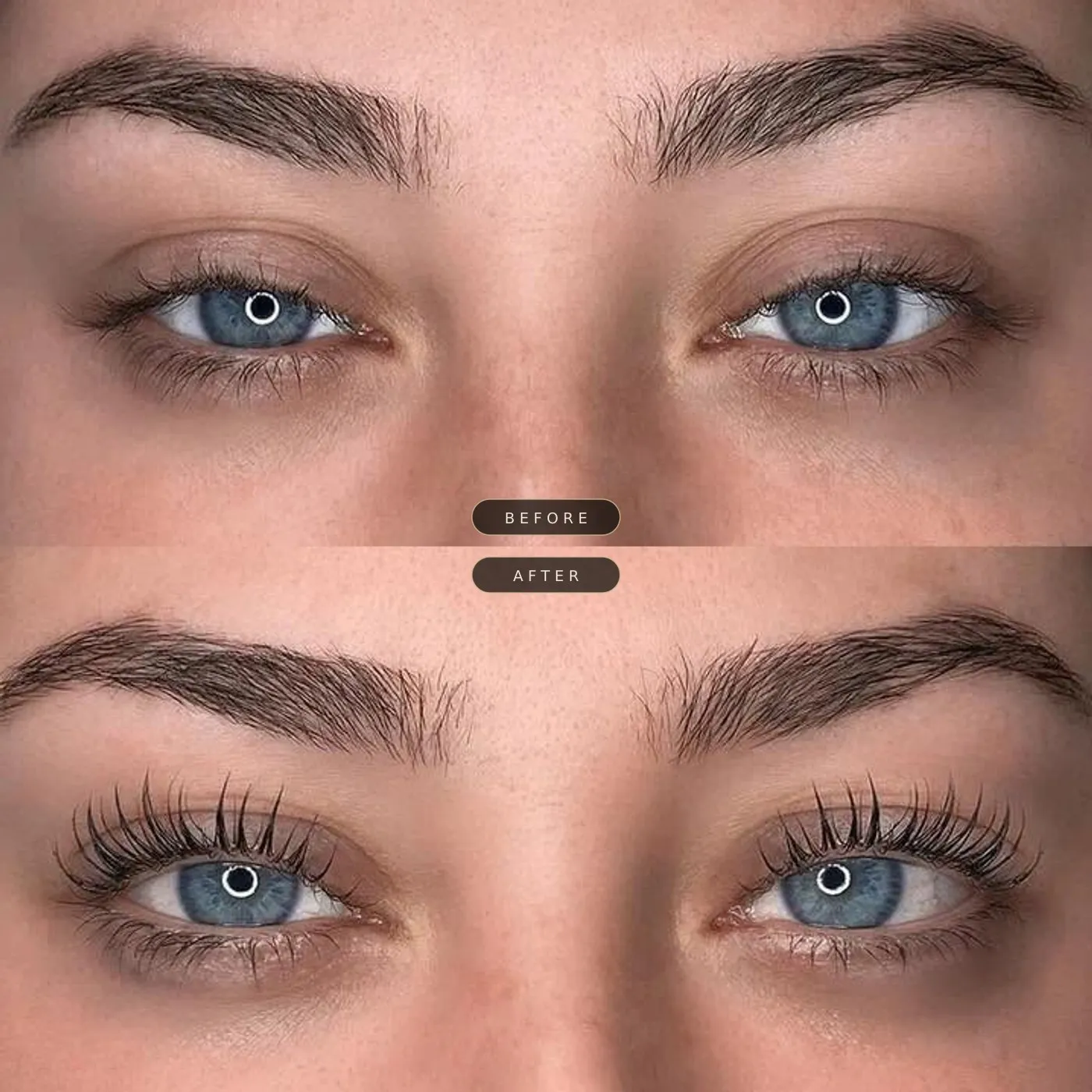 Lash lift before and after — natural lashes on top, lifted and tinted lashes below