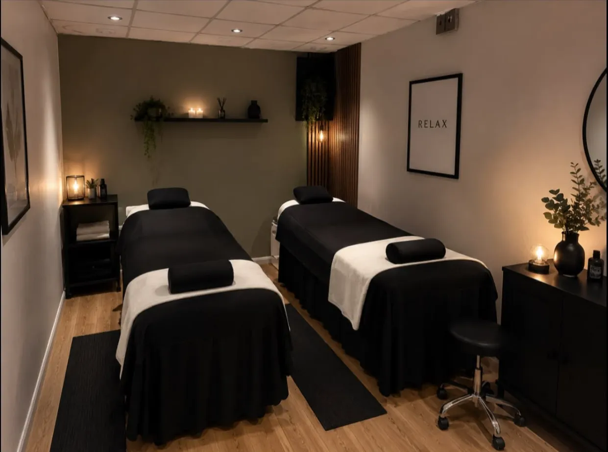 Inside the Black Label Beauty studio — two massage beds dressed in black, candlelight and sage walls